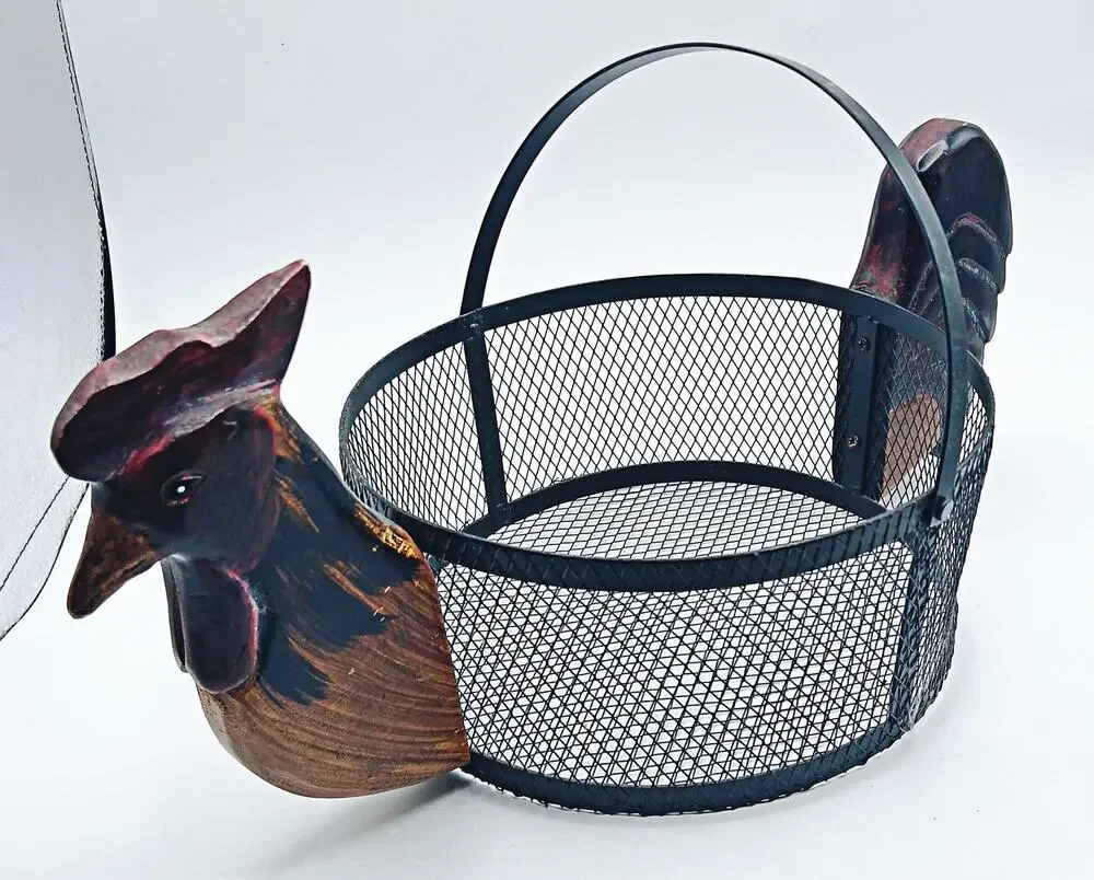Vintage Carved Wood Rooster & Wire Basket